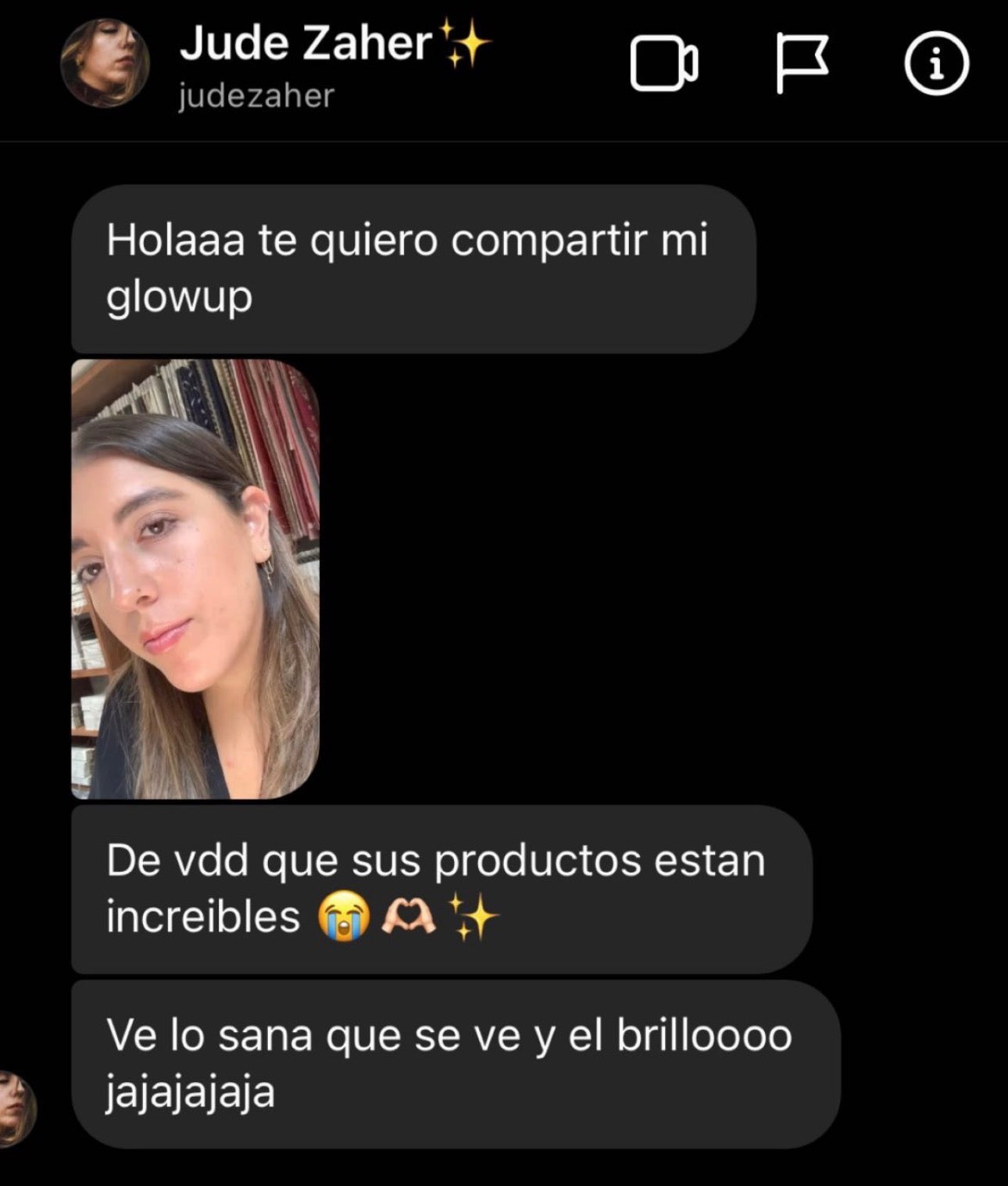 Mensaje de Jude Zaher con una fotografía de su piel y su experiencia con Sokio