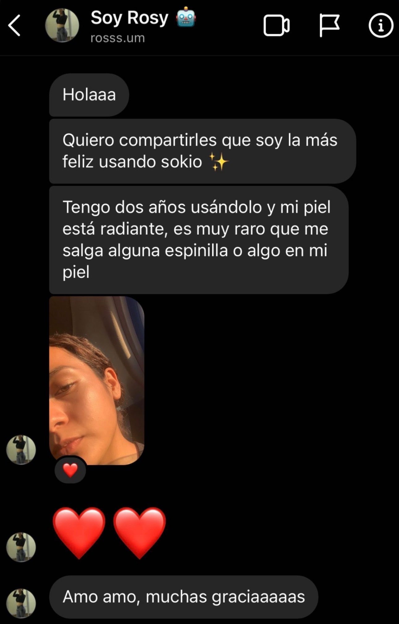 Mensaje de Rosy compartiendo su experiencia con Sokio