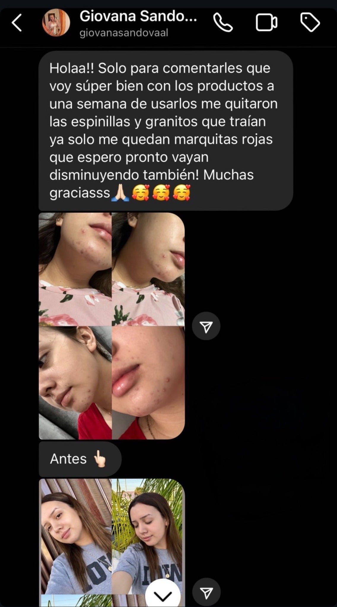 Mensaje y fotografías de Giovana después de una semana de uso